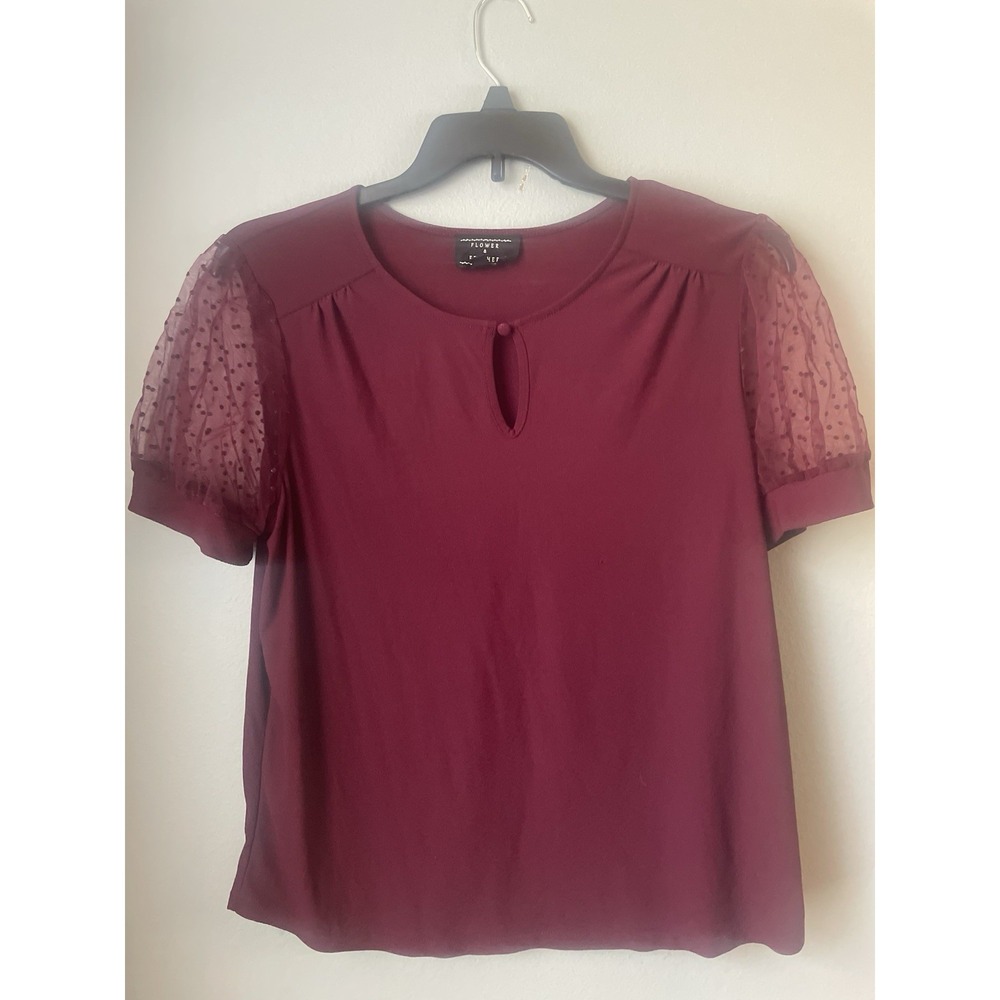 Flower & Feather Women's Blouse Sheer Polka Dot Sleeves Maroon XL